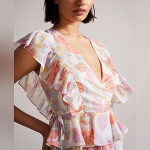 Ted Baker Rowyn Floral Frill Ruffle Top Size 5 (12)